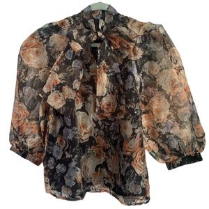 MOON ORCHID Sheer Puff Sleeve Floral Top with Bow Tie Detail
